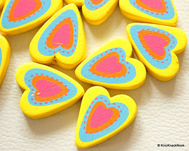 Yellow, Blue, Orange And Pink Heart Wood Beads x 5